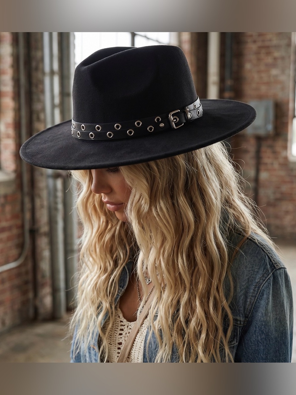 NWT Boho Gypsy Vibes Black Wide Flat Brimmed Fedora Ranchers Hat With Black Belt